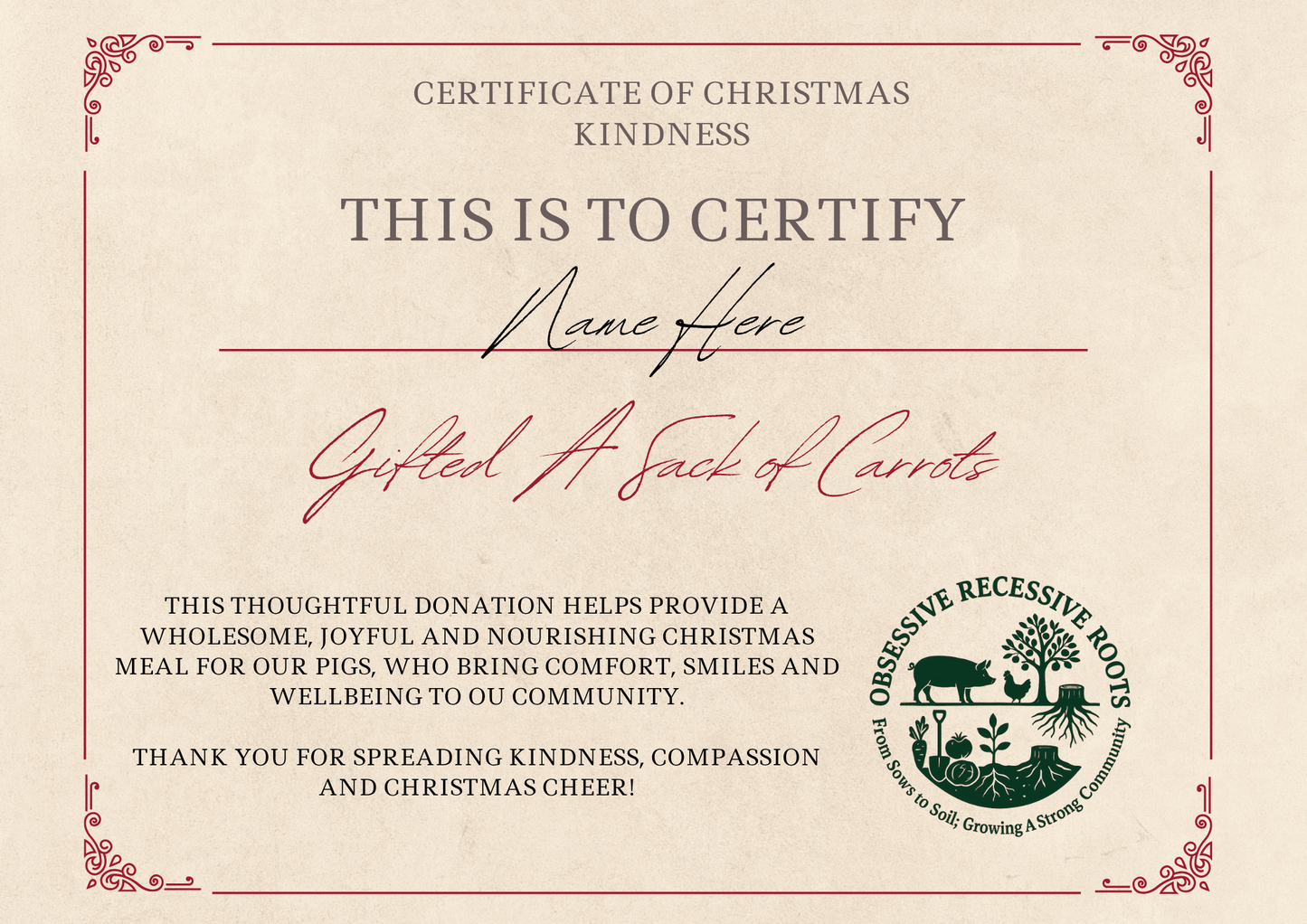 Personalised Certificate - Donation of Carrots for the Pigs