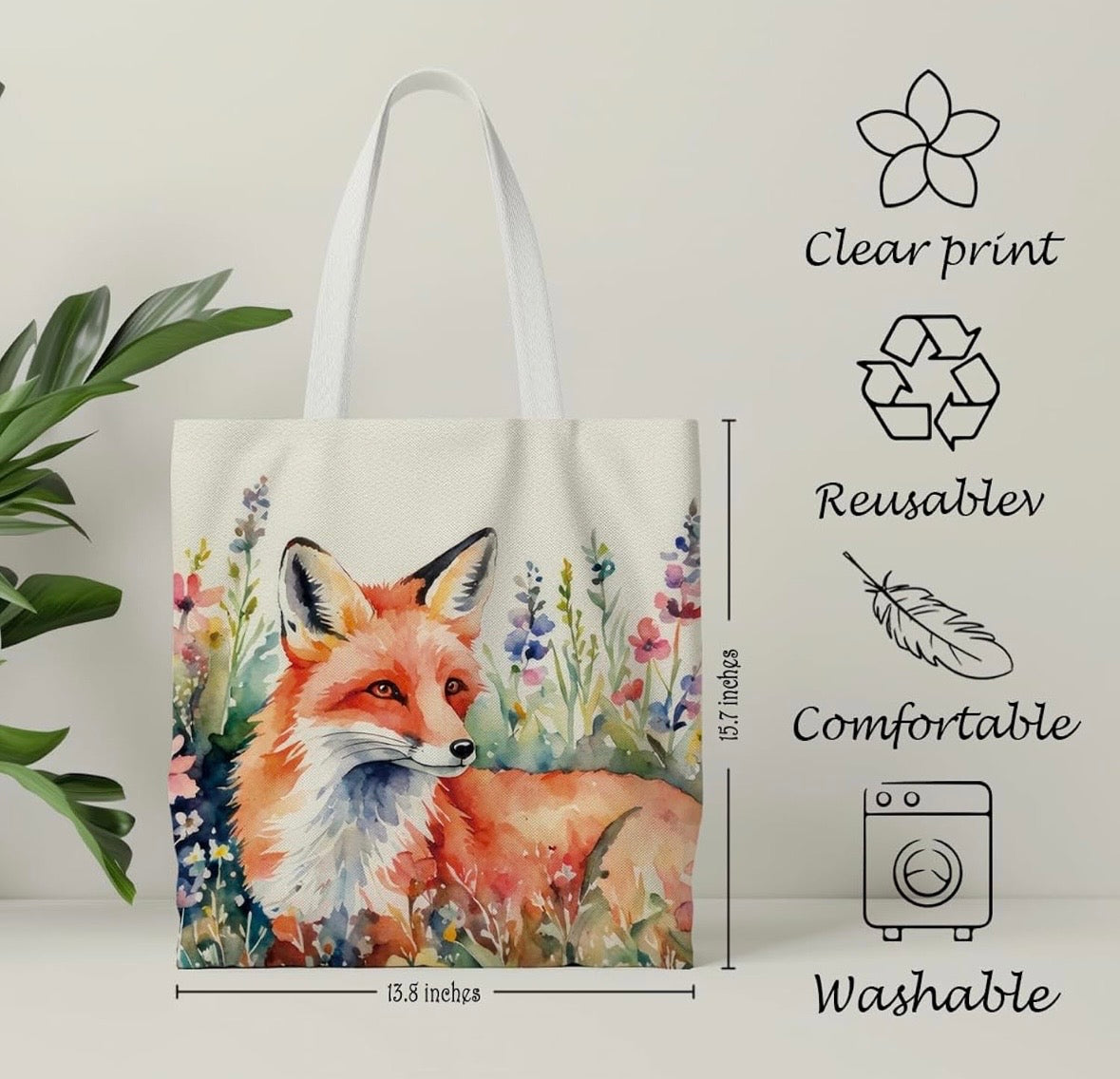 Fox Print Flower Animal Lover Wildlife Tote Bag Canvas Gift Farmer Gardener