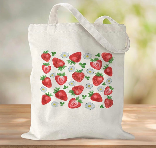 White tote bag with strawberry patterns gardener gift