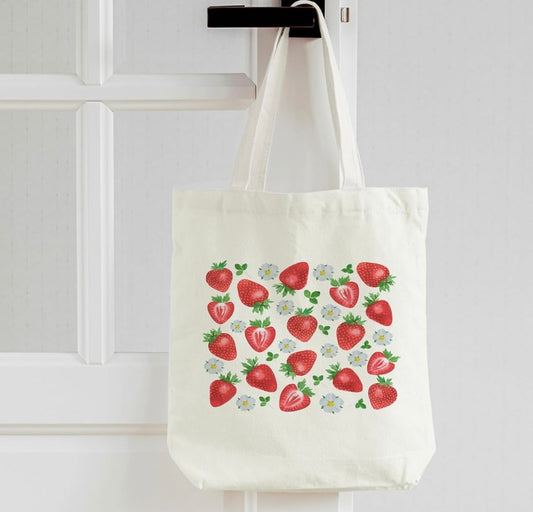 White tote bag with strawberry patterns gardener gift