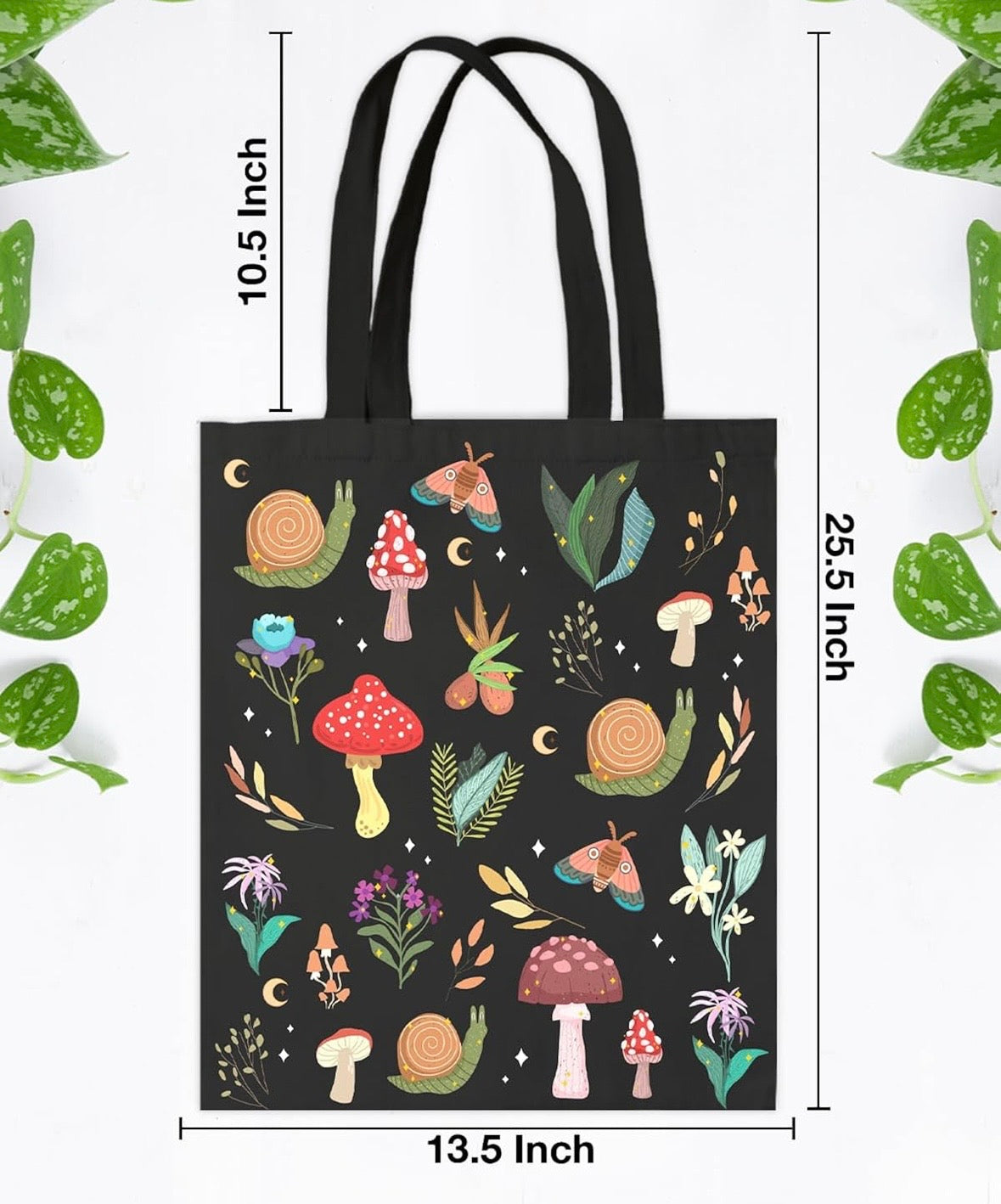 Black Mushroom Fungi Moth Snails Whimsical  Print Tote Bag Canvas Gift Farmer Gardener