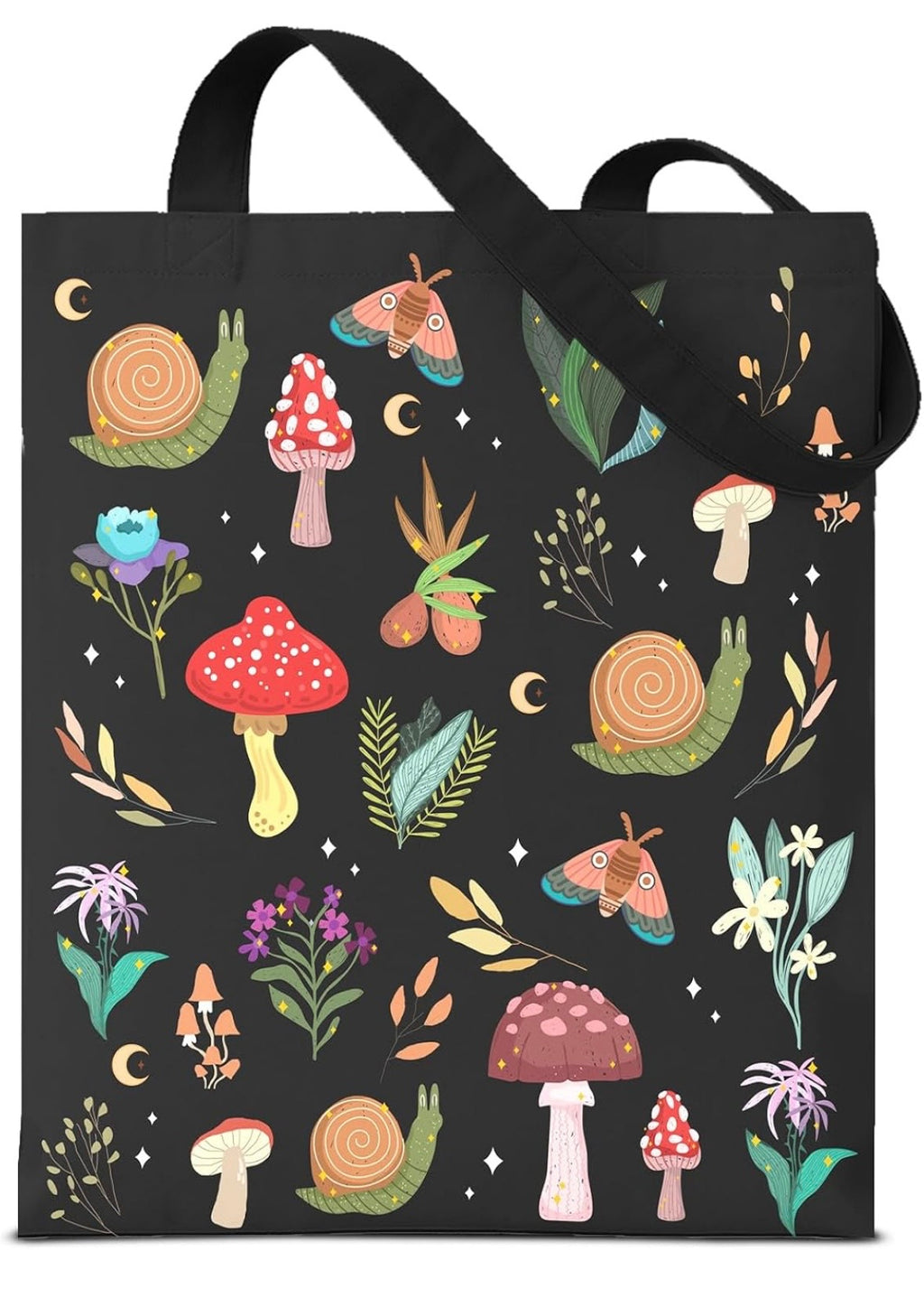Black Mushroom Fungi Moth Snails Whimsical  Print Tote Bag Canvas Gift Farmer Gardener