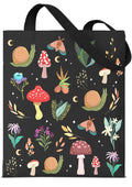 Black Mushroom Fungi Moth Snails Whimsical  Print Tote Bag Canvas Gift Farmer Gardener