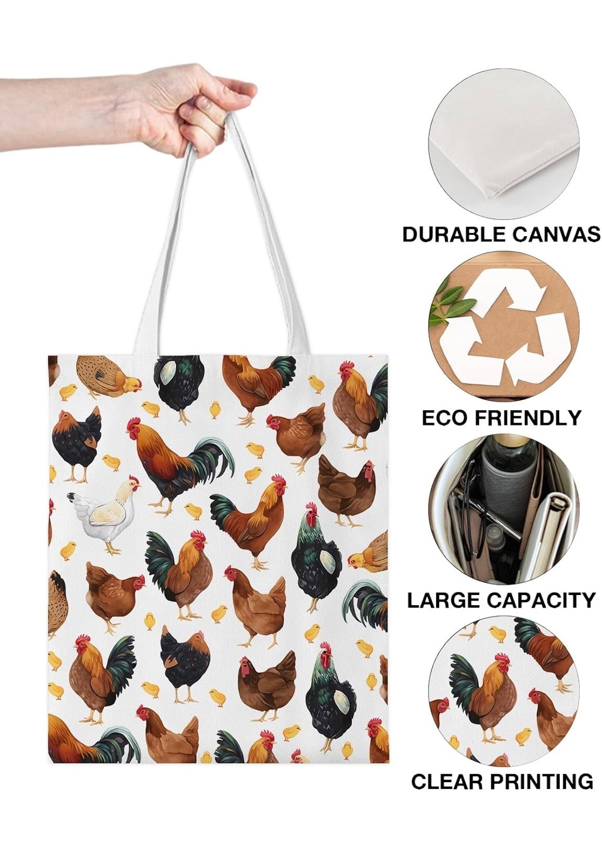 Chicken Print Tote Bag Canvas Gift Farmer Gardener